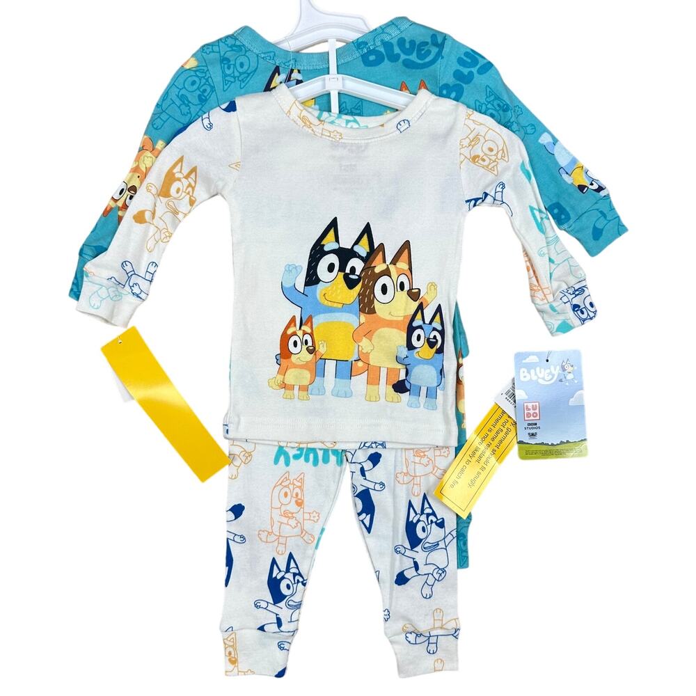 NWT Bluey Baby Infant Long Sleeve Shirt Pants Pajama Blue/White 4 Piece Set 12M